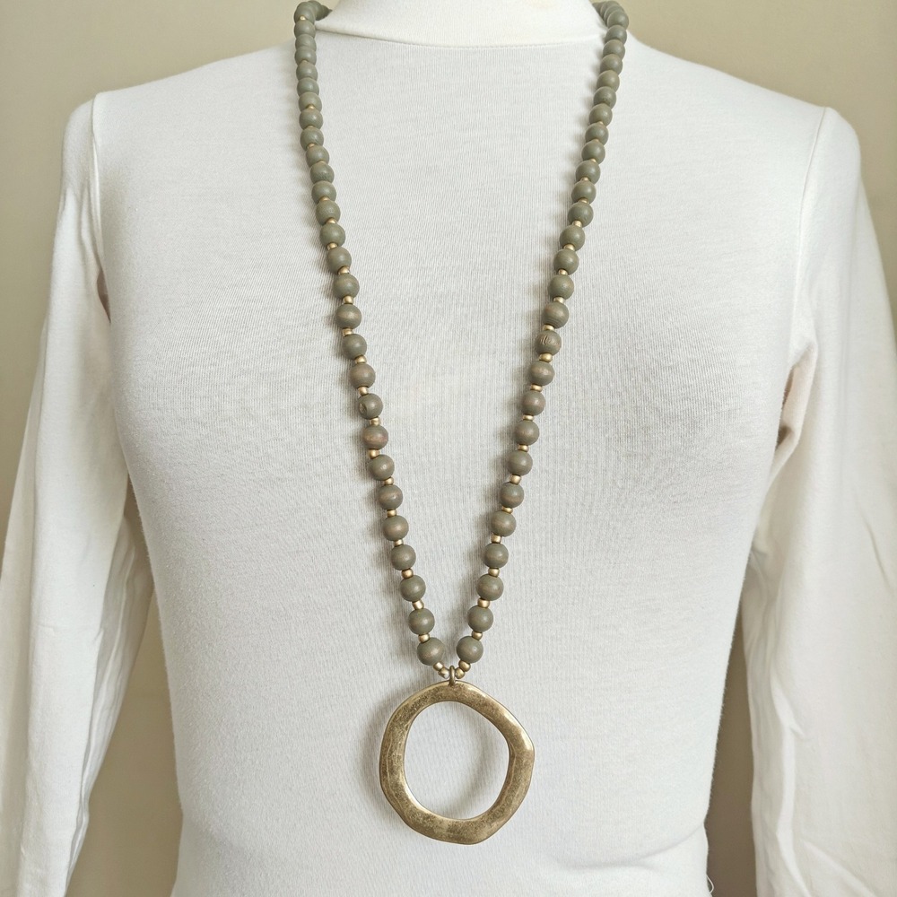 Gray Wood Bead Long Statement Necklace Gold Hammered Open Circle Pendant Boho